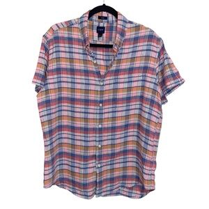 J Crew Shirt Mens Large Madras Plaid Short Sleeve Slim Linen Blend Preppy Money